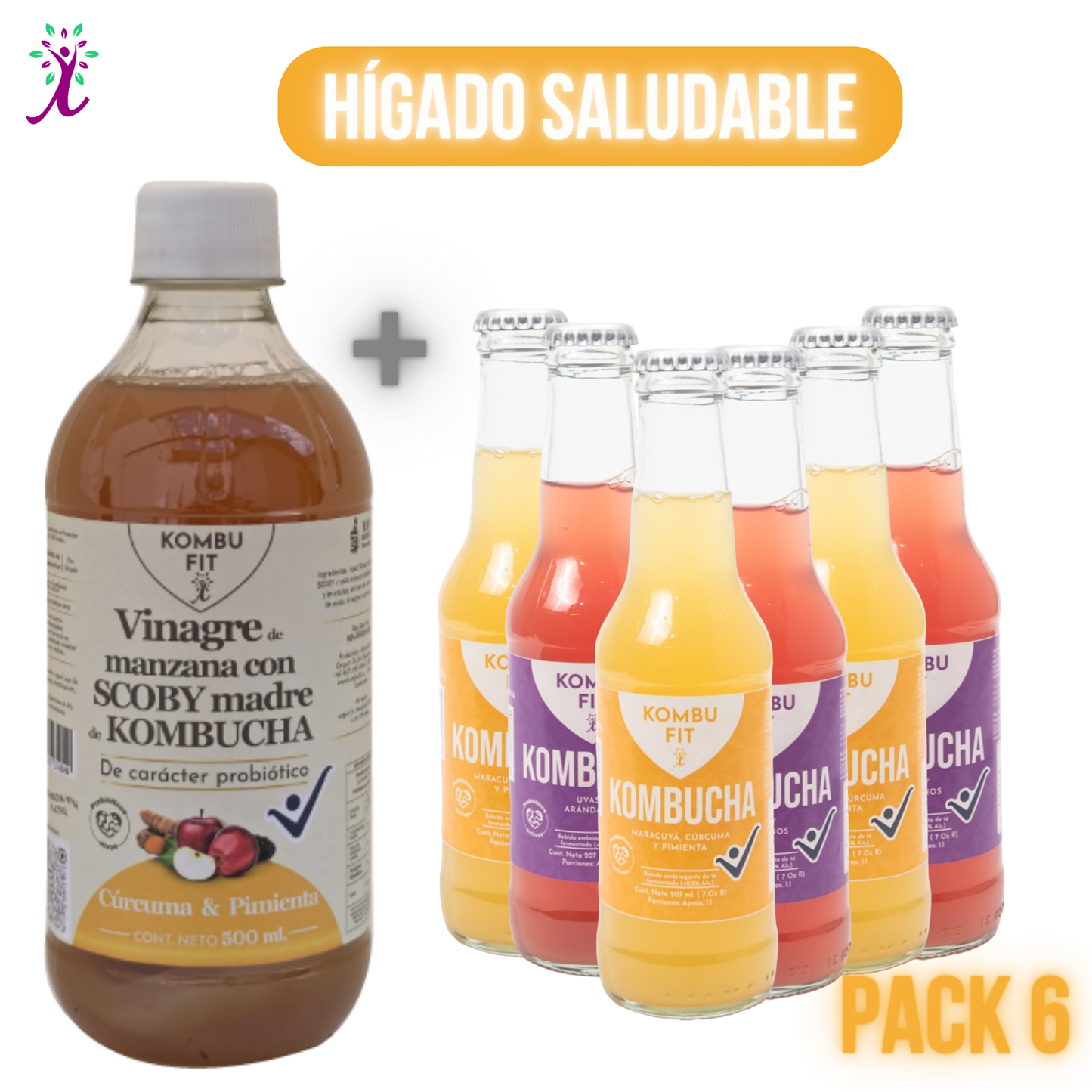 Vinagre  cúrcuma y pimienta + Pack Kombucha maracuyá, cúrcuma y pimienta